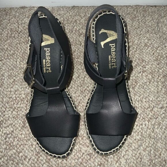 Paseart Leather Black Wedges Espadrille Sandals size 6.5 - Picture 3 of 10
